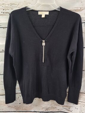 Michael Kors Black Half Zip V Neck Sweater Minimalist Preppy Classic